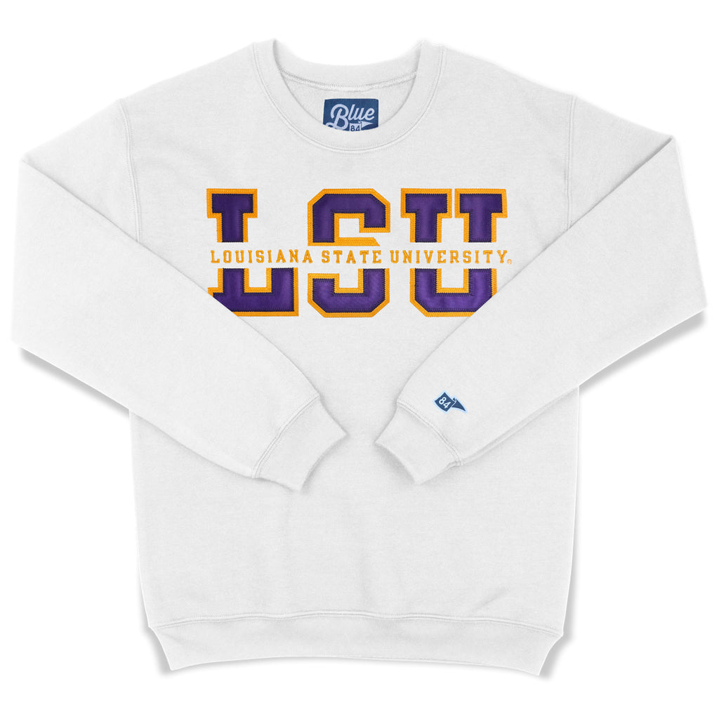 LSU Tigers Blue 84 Top Level Split Applique Fleece Crewneck Sweatshirt White