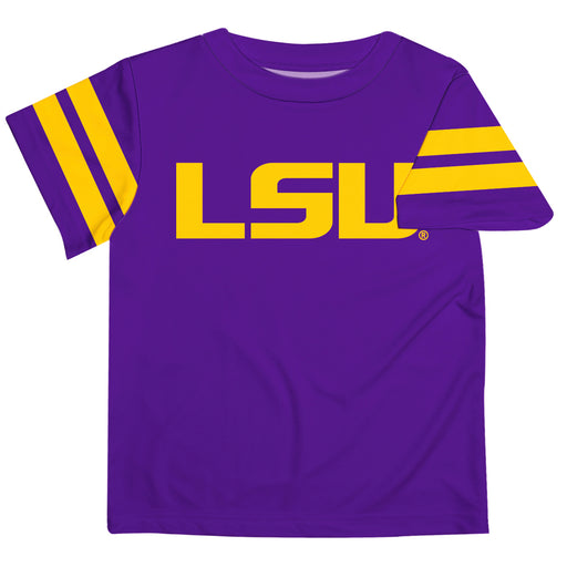 LSU Tigers Vive La Fette Geaux Font Stripe Sleeve Kids Performance Short Sleeve T-Shirt - Purple