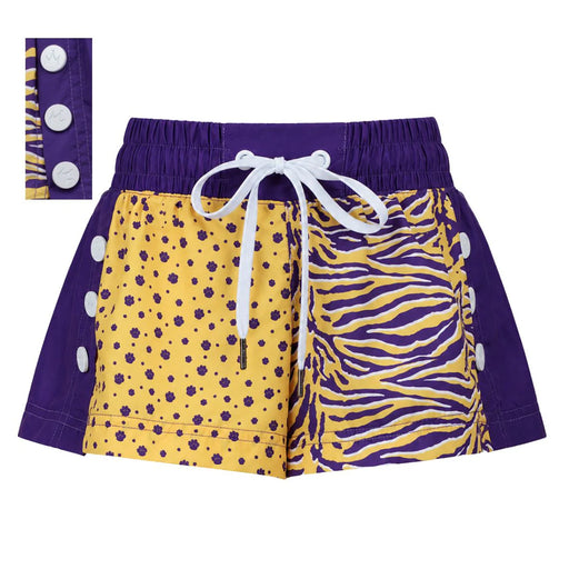 Azarhia Gameday Paws and Stripes Color Block Kids Shorts- Purple / Gold