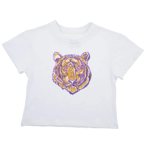 Azarhia Gameday Sequin Tiger Face Kids Boxy T-Shirt - White