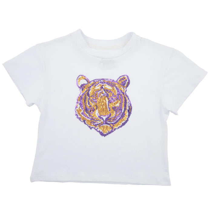Azarhia Gameday Sequin Tiger Face Kids Boxy T-Shirt - White