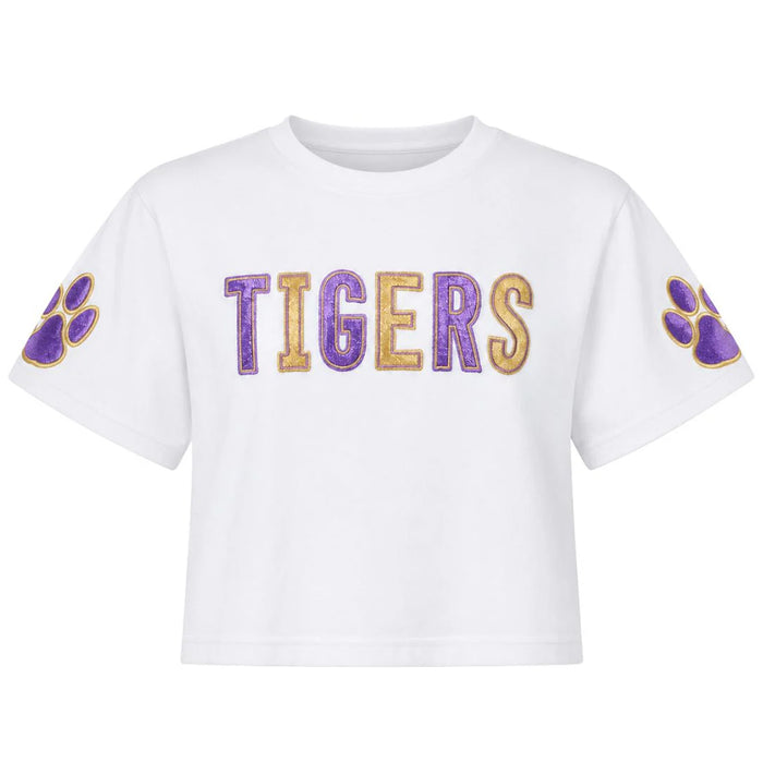 Azarhia Gameday Tigers Shimmer Kids Boxy Applique T-Shirt - White