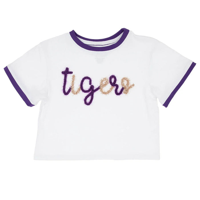 Azarhia Gameday Tinsel Tigers Kids Boxy Ringer T-Shirt - White