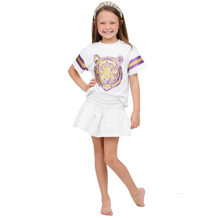 Azarhia Sequin Glitter Tiger Head Ruffle Girls / Kid's Boxy T-Shirt - White