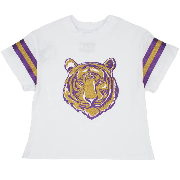 Azarhia Sequin Glitter Tiger Head Ruffle Girls / Kid's Boxy T-Shirt - White