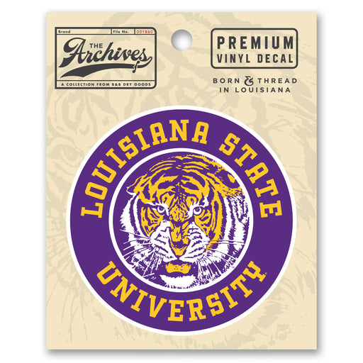 B&B Dry Goods LSU Tigers The Archives Vault Circle Text Premium Vinyl Decal White / Gold / Purple