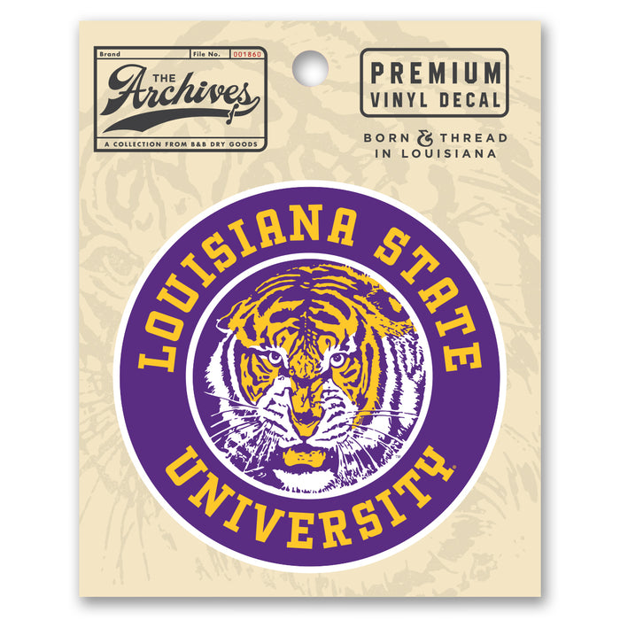 B&B Dry Goods LSU Tigers The Archives Vault Circle Text Premium Vinyl Decal White / Gold / Purple