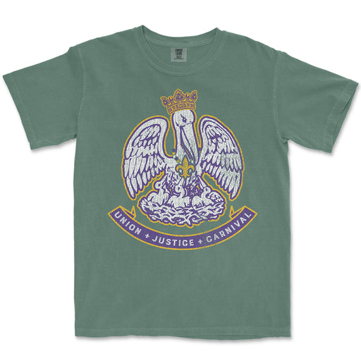 B&B Dry Goods Homegrown Louisiana Mardi Gras Pelican Silhouette Garment Dyed T-Shirt - Green