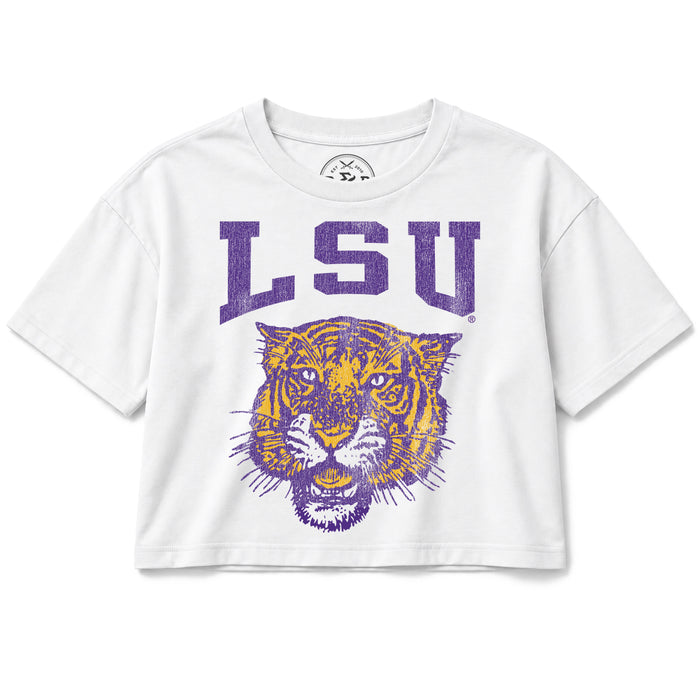B&B Dry Goods LSU Tigers 78 Tiger Arch Premium Crop T-Shirt - White