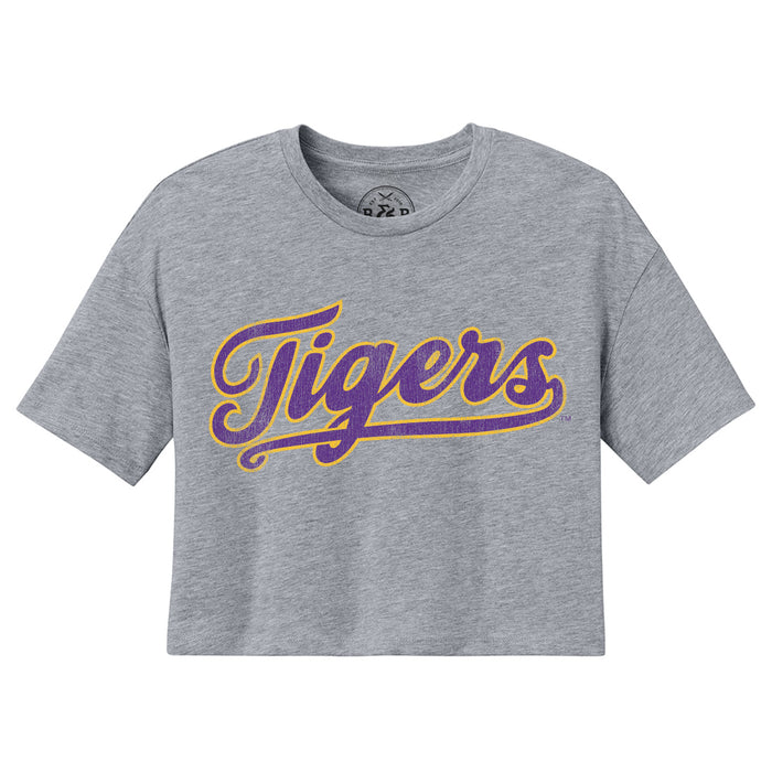 B&B Dry Goods LSU Tigers Baseball Script Crop-Top T-Shirt - Heather Grey