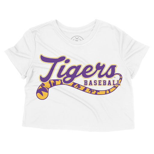 B&B Dry Goods LSU Tigers Baseball Tiger Tail Script Women's Crop - White