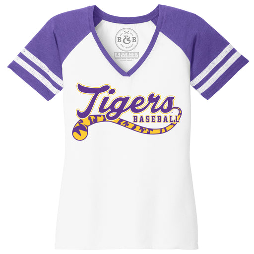 B&B Dry Goods LSU Tigers Baseball Tiger Tail Script Women's T-Shirt - White / Purple