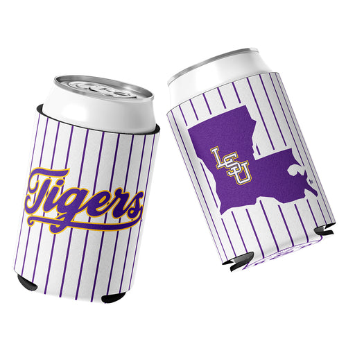 B&B Dry Goods LSU Tigers Pinstripe Script Stitched Neoprene Sublimated Double Sided Can Holder / Koozie - White