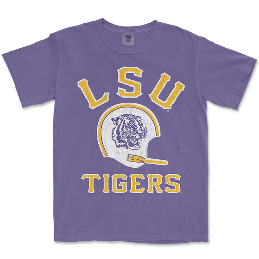 B&B Dry Goods LSU Tigers Retro Tiger Football Helmet Garment Dyed T-Shirt - Grape