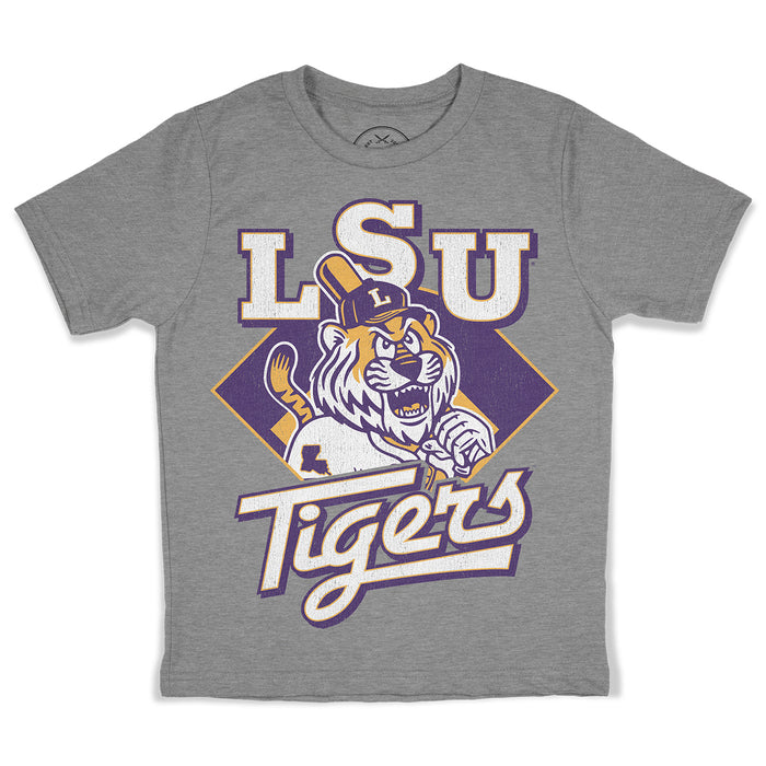 B&B Dry Goods LSU Tigers Slugger Mike Diamond Baseball Youth T-Shirt - Heather Grey