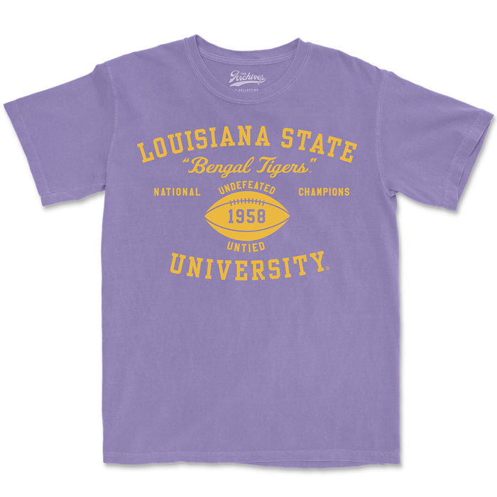 B&B Dry Goods LSU Tigers The Archives 1958 Football National Champions Oversized Fit Garment Dyed T-Shirt - Purple Haze