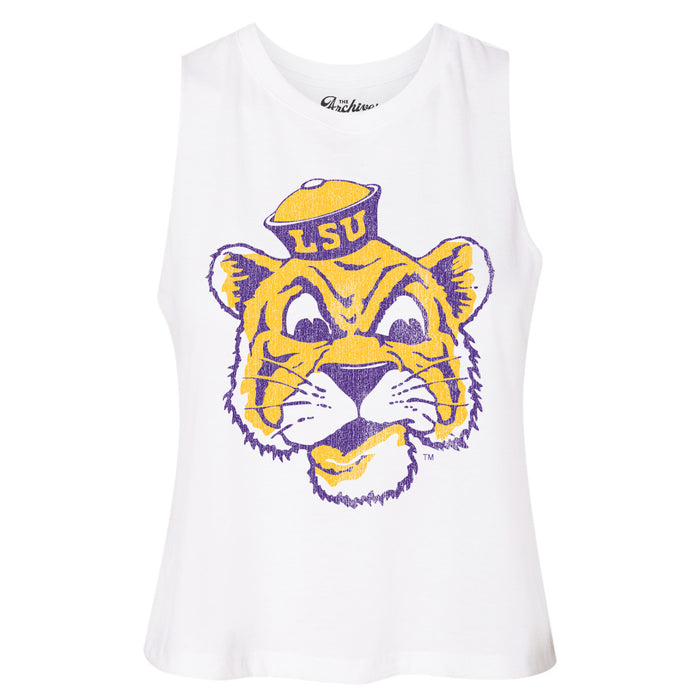 B&B Dry Goods LSU Tigers The Archives Beanie Mike Women's Racerback Crop Tank - White