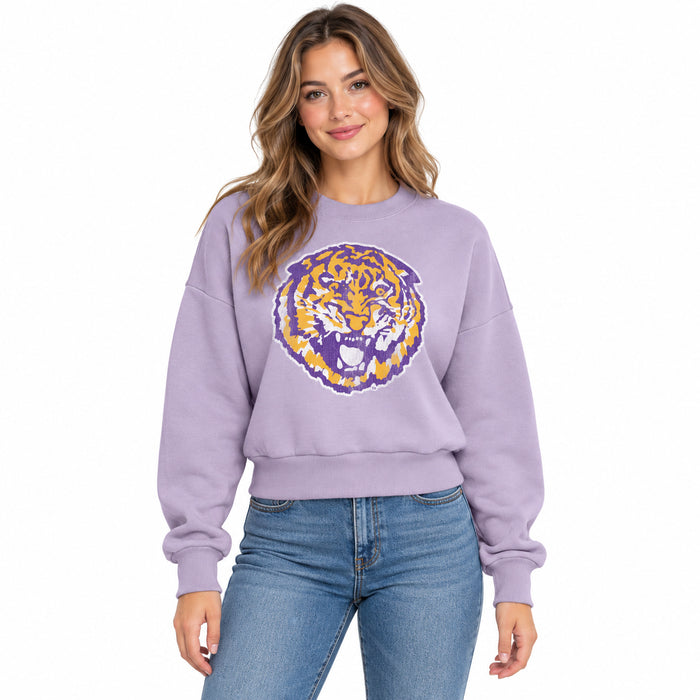 B&B Dry Goods LSU Tigers The Archives Round Vault Fleece Pullover Crewneck Cropped Sweatshirt - Lavender