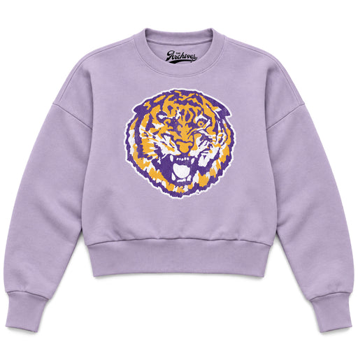 B&B Dry Goods LSU Tigers The Archives Round Vault Fleece Pullover Crewneck Cropped Sweatshirt - Lavender
