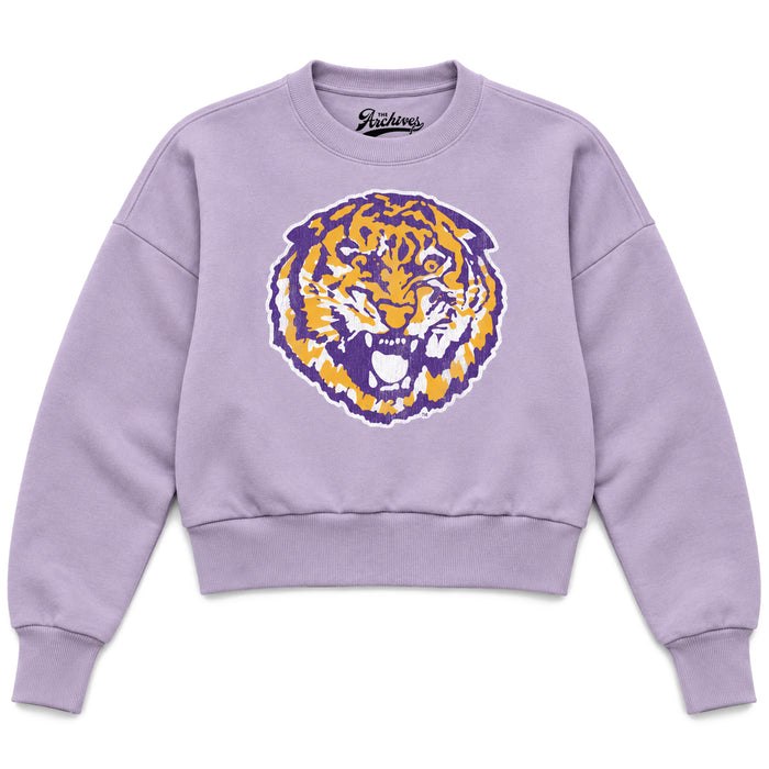 B&B Dry Goods LSU Tigers The Archives Round Vault Fleece Pullover Crewneck Cropped Sweatshirt - Lavender