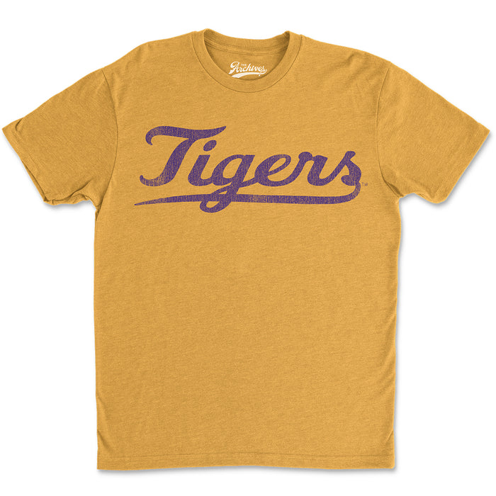 B&B Dry Goods LSU Tigers The Archives Vault Baseball Tigers Script Tri-Blend T-Shirt - Mustard