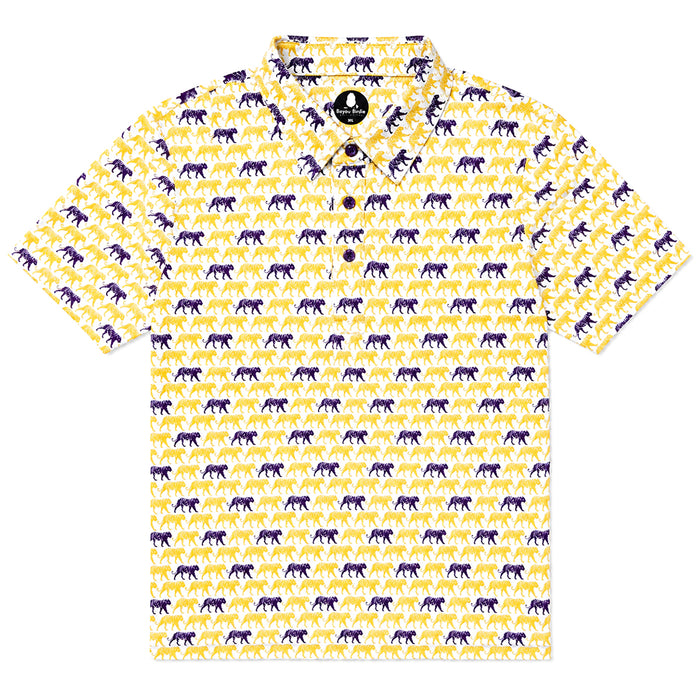Bayou Birdie Silhouette Tiger Gameday Pattern Performance Polo - Purple / Gold