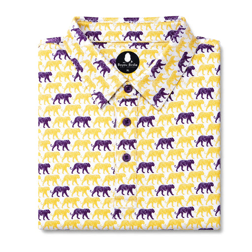 Bayou Birdie Silhouette Tiger Gameday Pattern Performance Polo - Purple / Gold