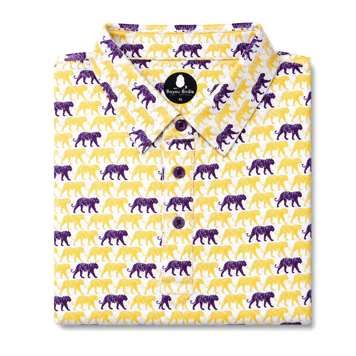 Bayou Birdie Silhouette Tiger Gameday Pattern Performance Polo - Purple / Gold