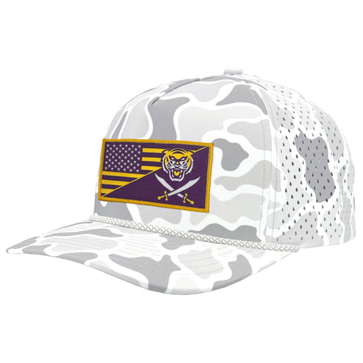 Bengals & Bandits Purple and Gold Flag Patch Blackhawk R+ Perforated Rope Hat - Old School Snow Camo