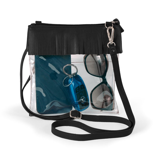 Desden Gameday Judyann Fringe Clear Purse With Vegan Leather Trim and Straps - Black