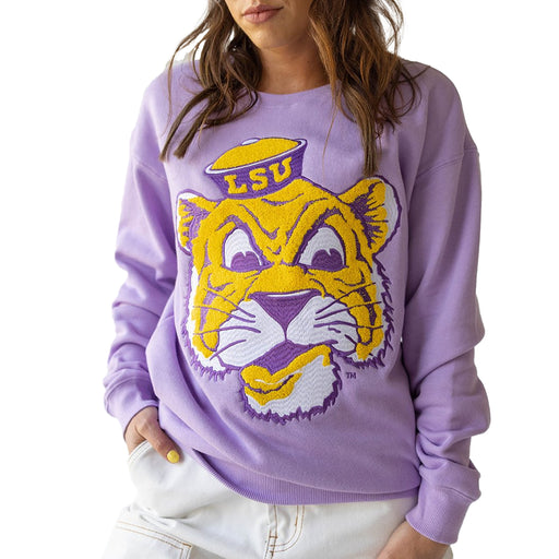 LSU Tigers Gameday Social Beanie Mike Chenille Crewneck Sweatshirt - Lavender