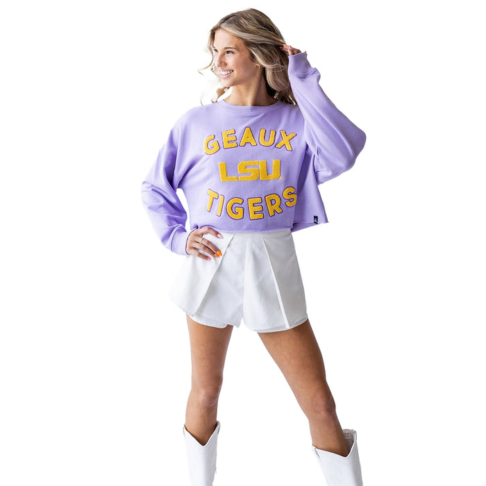 LSU Tigers Gameday Social Geaux Tigers Chenille French Terry Crop Crewneck Sweatshirt  - Lavender