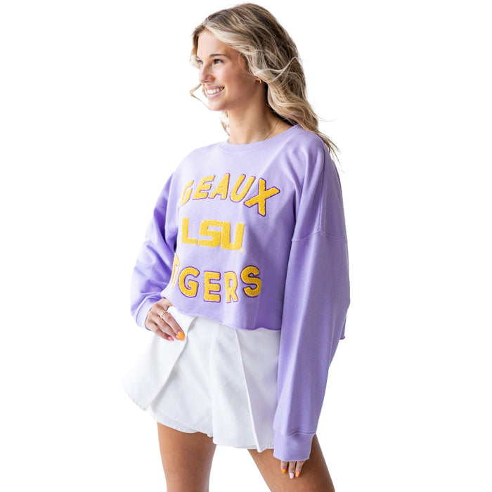 LSU Tigers Gameday Social Geaux Tigers Chenille French Terry Crop Crewneck Sweatshirt  - Lavender