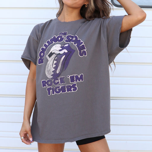 LSU Tigers Livy Lu Rolling Stones Rock 'Em Tigers Oversized Distressed Thrifted T-Shirt - Charcoal