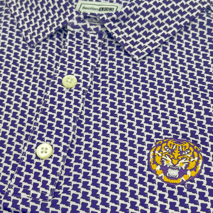 LSU Tigers Section 103 Tiger Head LA Pattern Performance Stretch Polo - Purple