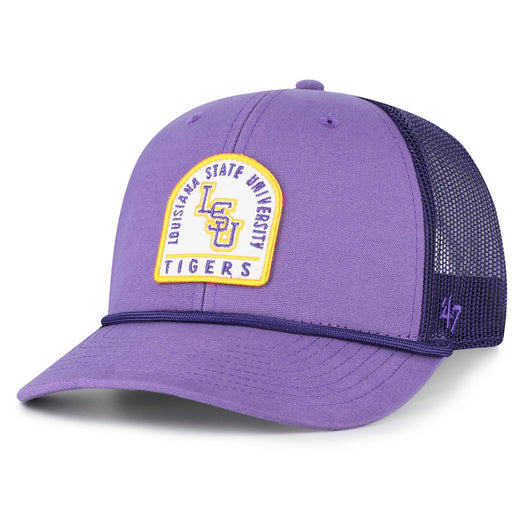 LSU Tigers 47 Brand Baseball Interlock Gravestone Patch Five-Panel Rope Mesh Trucker Hat - Purple