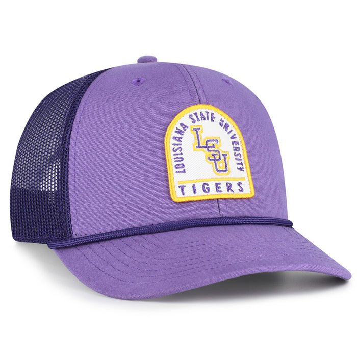 LSU Tigers 47 Brand Baseball Interlock Gravestone Patch Five-Panel Rope Mesh Trucker Hat - Purple
