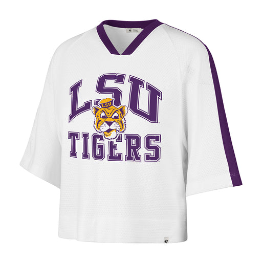 LSU Tigers 47 Brand Beanie Mike Big Overarch Women's Drop-needle Raglan V-Neck Mesh Jersey - White