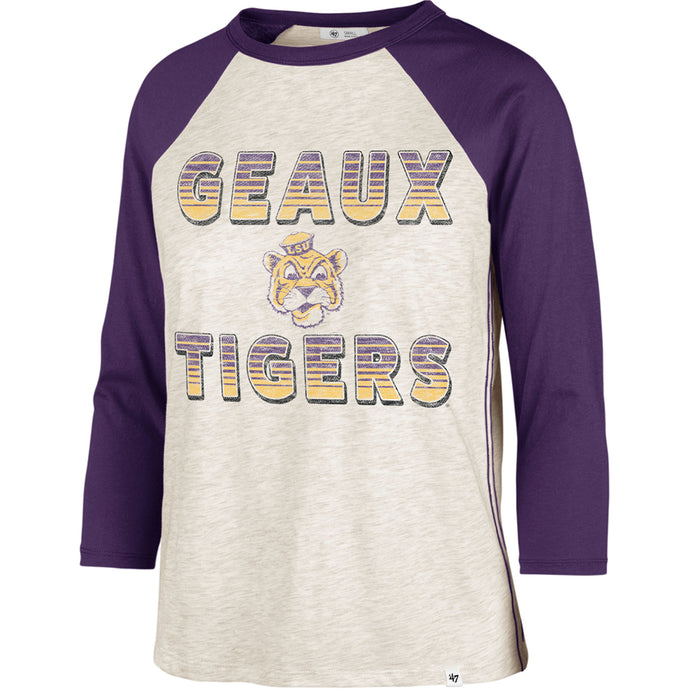 LSU Tigers 47 Brand Beanie Mike Good Vibes Women's Raglan Long Sleeve T-Shirt - Oatmeal / Purple