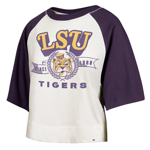LSU Tigers 47 Brand Beanie Mike Infield Shift Raglan Crop T-Shirt - Sandstone / Purple