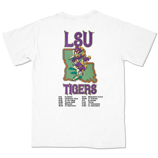 LSU Tigers B-Unlimited 2026 Schedule Line of Scrimmage Garment Dyed Pocket T-Shirt - White