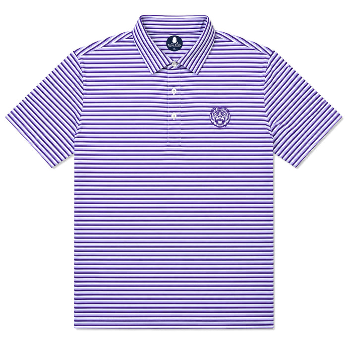 LSU Tigers Bayou Birdie Tiger Head 3 Stripe Performance Polo - Lavender / Purple / Grey