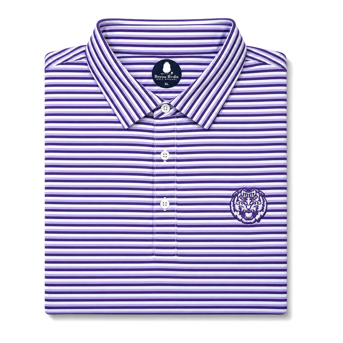LSU Tigers Bayou Birdie Tiger Head 3 Stripe Performance Polo - Lavender / Purple / Grey