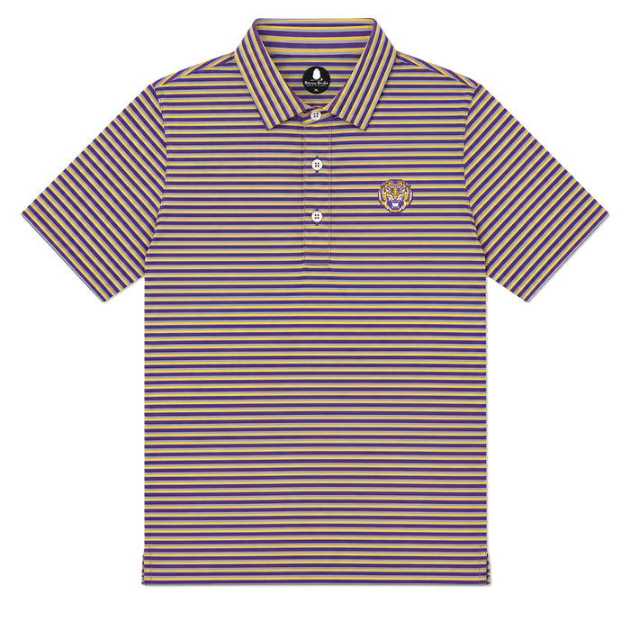 LSU Tigers Bayou Birdie Tiger Head 3 Stripe Performance Polo - Purple / Gold / Grey
