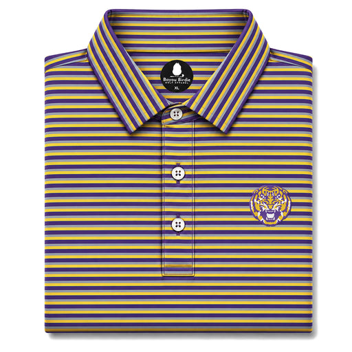 LSU Tigers Bayou Birdie Tiger Head 3 Stripe Performance Polo - Purple / Gold / Grey