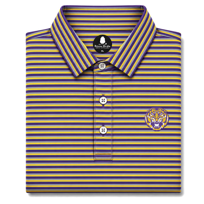 LSU Tigers Bayou Birdie Tiger Head 3 Stripe Performance Polo - Purple / Gold / Grey