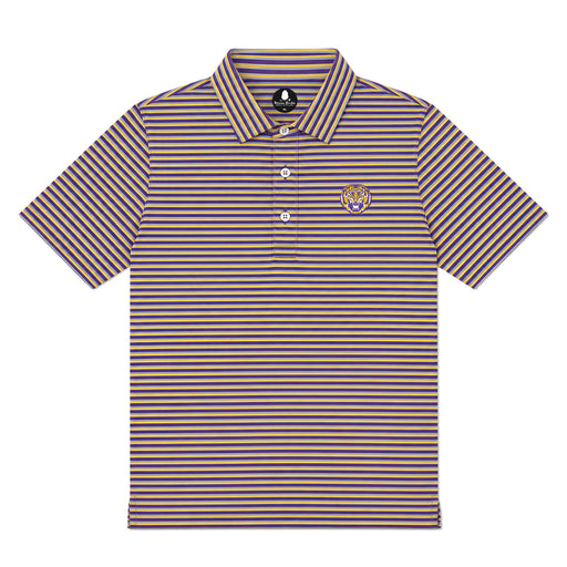 LSU Tigers Bayou Birdie Tiger Head 3 Stripe Performance Youth Polo - Purple / Gold / Grey