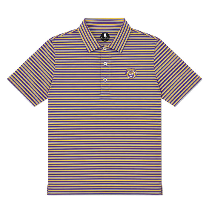 LSU Tigers Bayou Birdie Tiger Head 3 Stripe Performance Youth Polo - Purple / Gold / Grey
