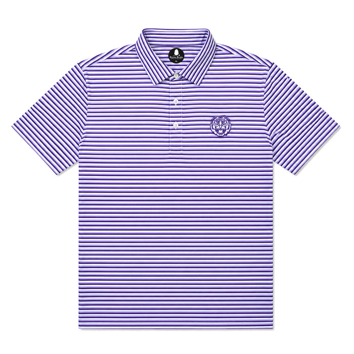 LSU Tigers Bayou Birdie Tiger Head 3 Stripe Performance Youth Polo - Purple / Lavender / Grey