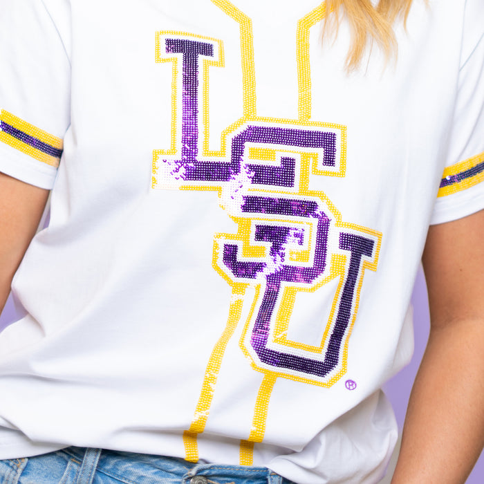 LSU Tigers Bomb Designs Baseball Interlock Sequin Baseball V-Neck Jersey T-Shirt - White